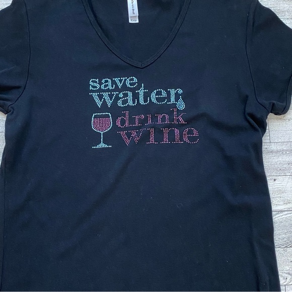 Save Water Drink Wine Embellished Black Short Sleeve Tee Shirt Size XL - Picture 2 of 5